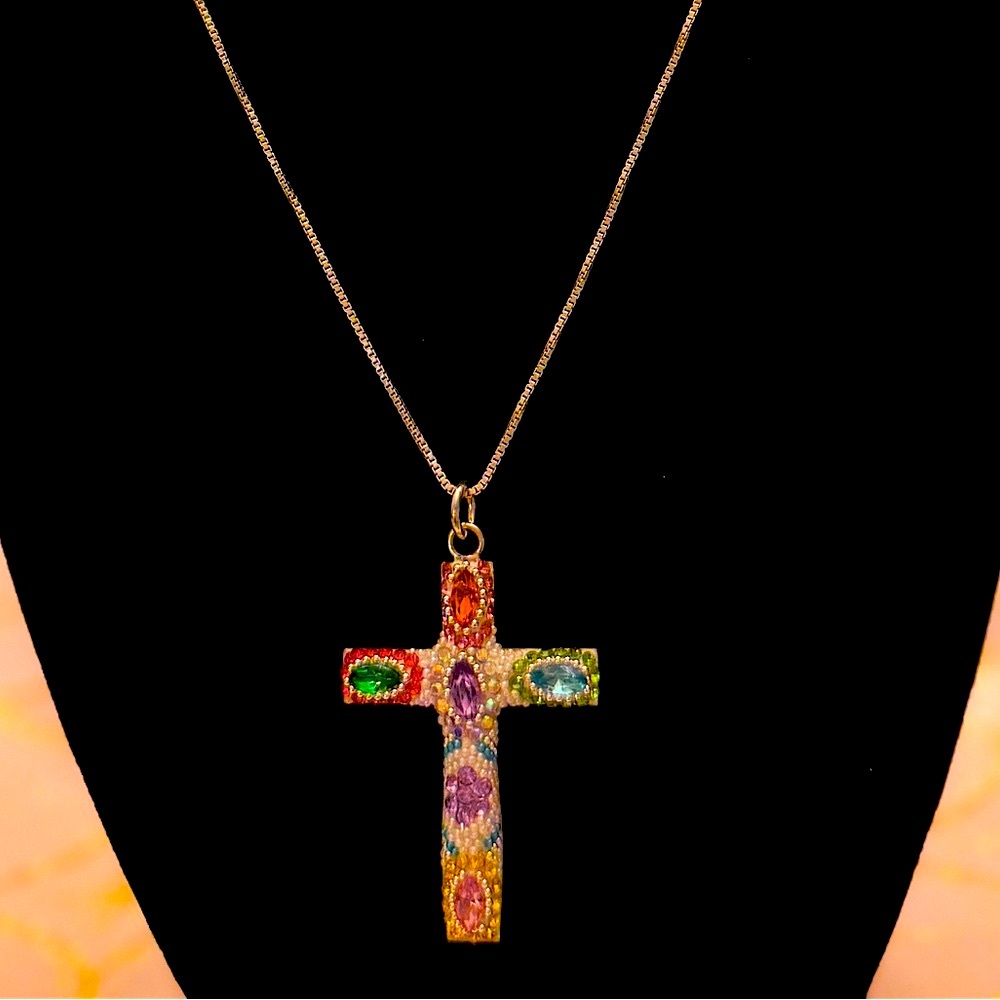 Rainbow jewel cross pendant necklace & silver chain